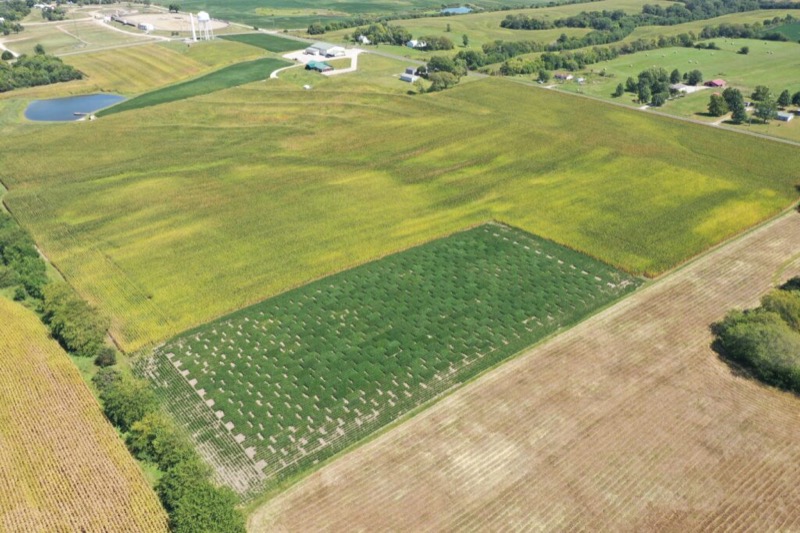Aerial view of farmland and test plots in Missouri
