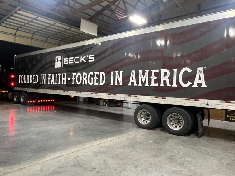 Beck’s “Founded in Faith, Forged in America” semi trailer at the warehouse