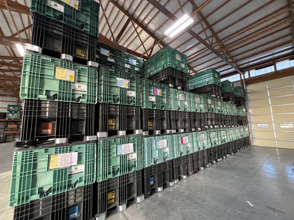 Beck’s seed boxes stacked inside the CR Seeds & Services warehouse