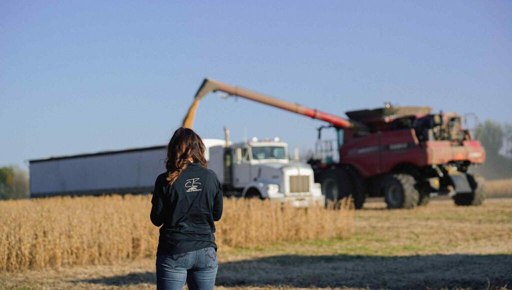 A combine unloading soybeans into a semi truck during harvest