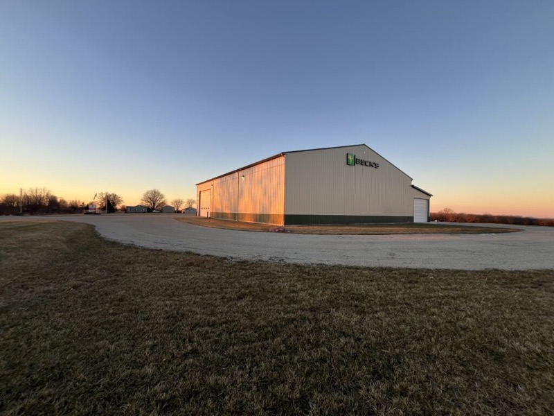 The CR Seeds & Services warehouse at sunset