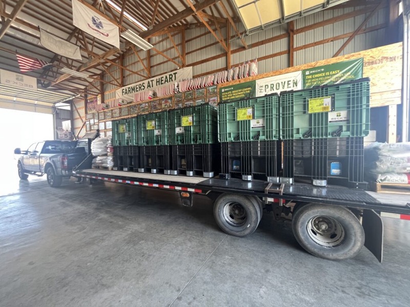 Beck’s seed boxes on a flatbed trailer ready for delivery